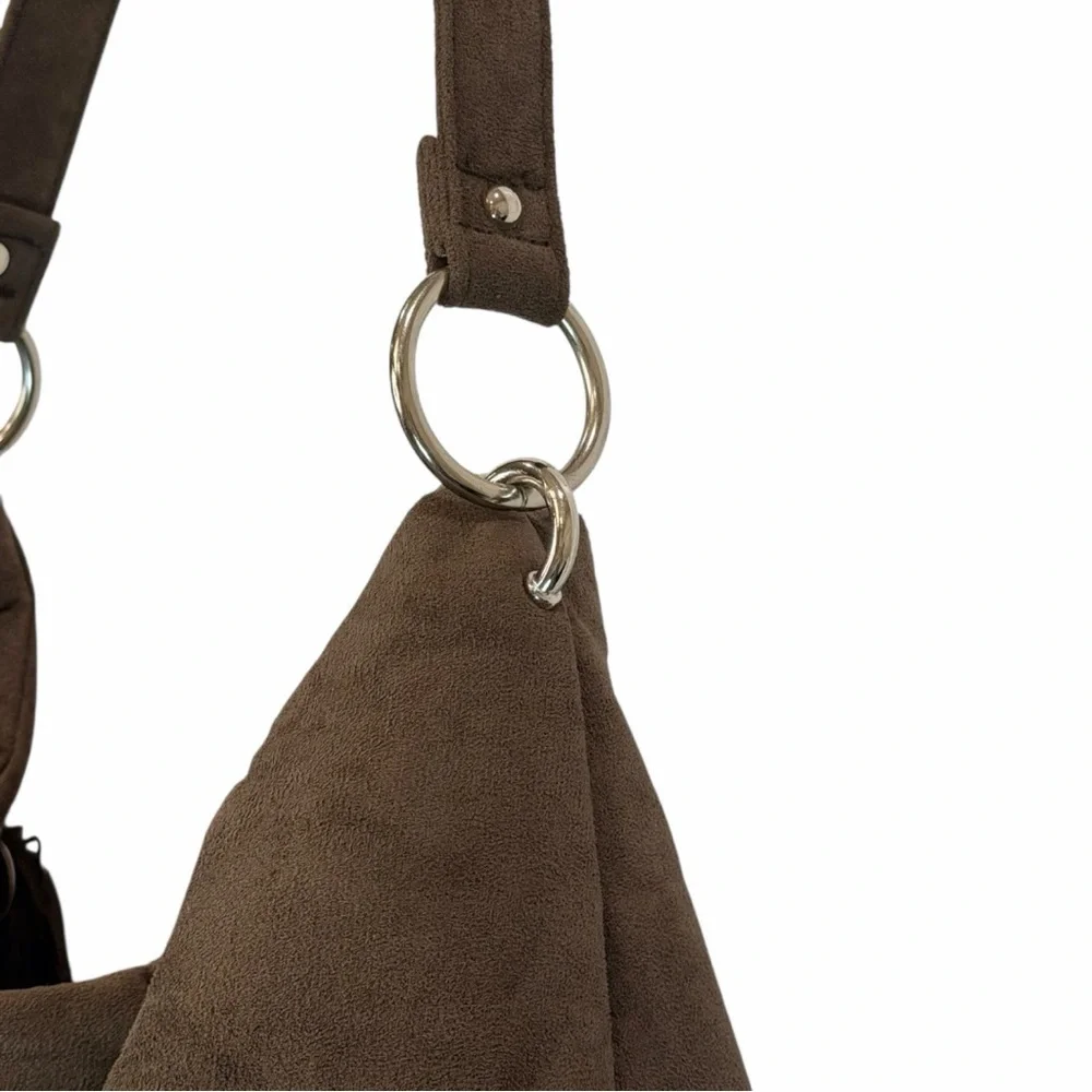 Bella Russo Large Faux Suede Hobo Shoulder Bag Taupe Brown Tassel Charm Boho - Picture 5 of 6